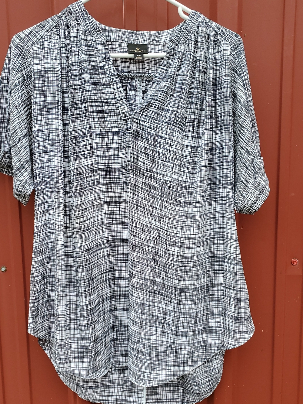 Worthington Black & White Plaid Short-Sleeve V-Neck Blouse